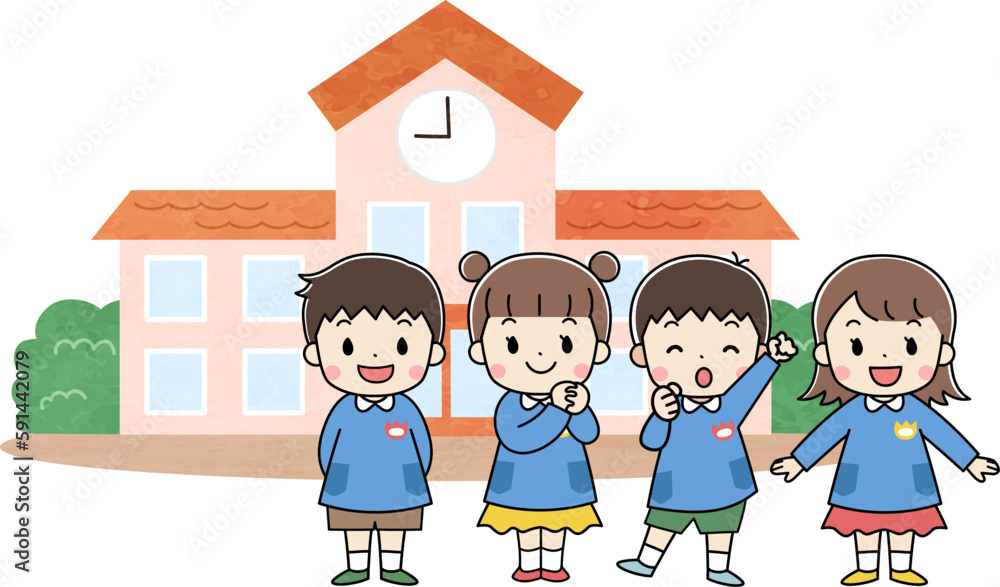 幼稚園・保育園 園舎と子供たちのイラスト 幼稚園・保育園 園舎と子供たちのイラスト
