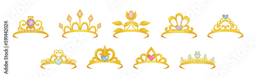 Golden Tiaras or Diadem with Gemstones Vector Set