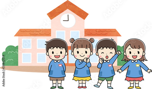 幼稚園・保育園　園舎と子供たちのイラスト