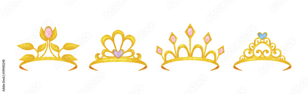 Golden Tiaras or Diadem with Gemstones Vector Set Golden Tiaras or Diadem with Gemstones Vector Set