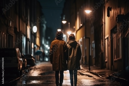 Rear view of a man and woman walking down a cold winters city street