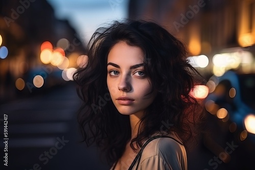 Beautiful sultry looking woman standing alone on a city street