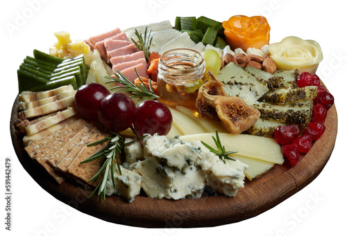Cheese platter. Appetizers boards with assorted cheese, honey, dried figs and cherries, grapes and nuts. Isolated