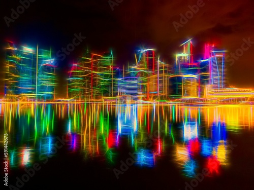 Long exposure shot of the city lights reflecting on the surface of a lake at night  Singapore