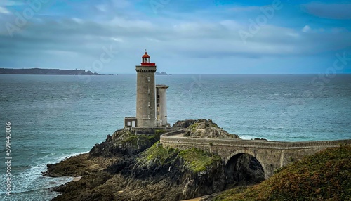 Scenic aerial view of Le Phare du Petit Minou lighthouse on cloudy day in Plouzane  France