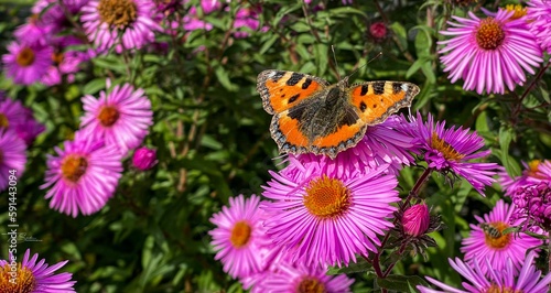 Closeup of adorable Small tortoiseshell butterfly on violet Alpine Aster flower