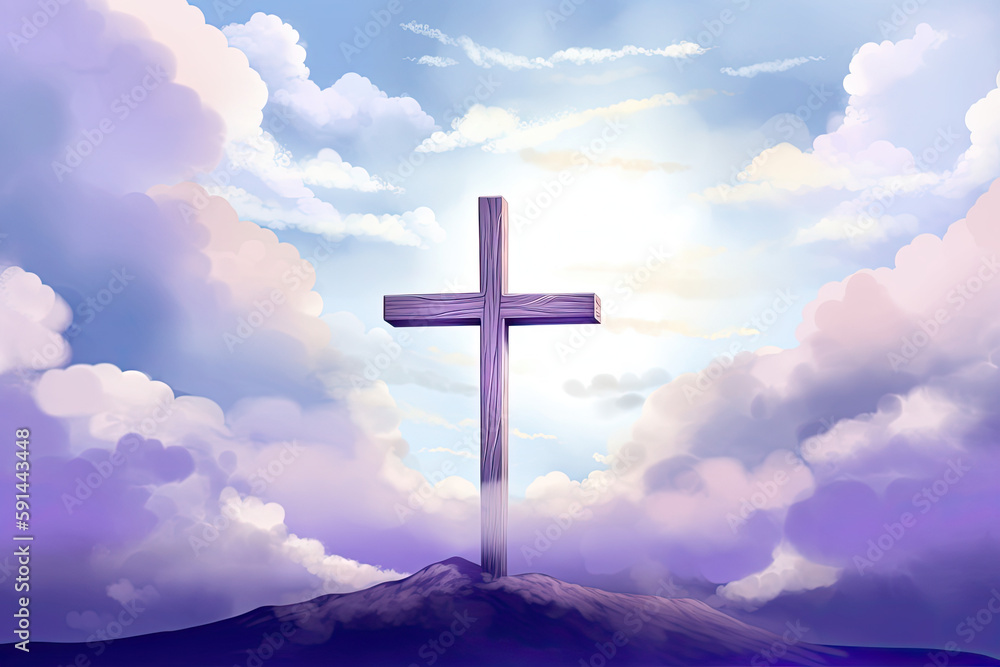 wooden cross with sash on clouds background, for good friday, resurrection, easter, christianity theme, generative AI
