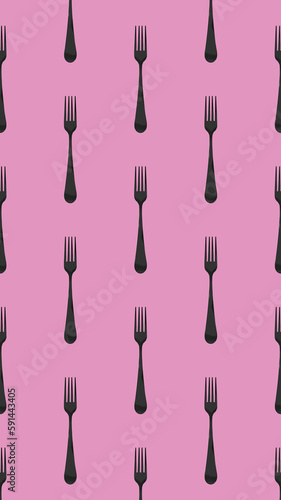 pattern. Fork top view on pastel purple background. Template for applying to surface. Vertical image. Flat lay. 3D image. 3D rendering.