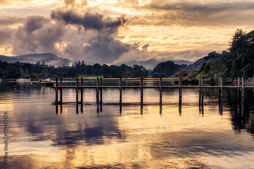 Muted colours at dusk at Waterhead, Ambleside, Lake Windermere, Lakes District.