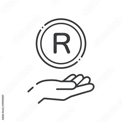 Rの文字が入ったシンプルなコインと人の手のアイコン- 南アフリカのお金･ランドのイメージ
