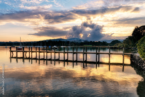 Muted colours at dusk at Waterhead  Ambleside  Lake Windermere  Lakes District.