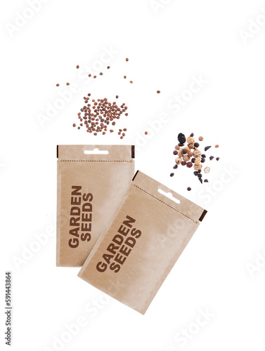 Packet of seeds for the vegetable garden, isolated on transparent background. Radish seeds and climbing flowers.