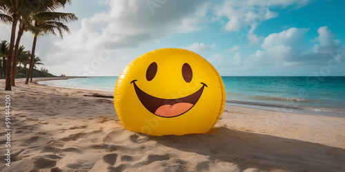 Huge joyful yellow smiley on the beach of a tropical island. Generative AI photo