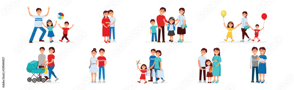 Happy Family Members with Parents and Kids Spending Time Together Vector Illustration Set