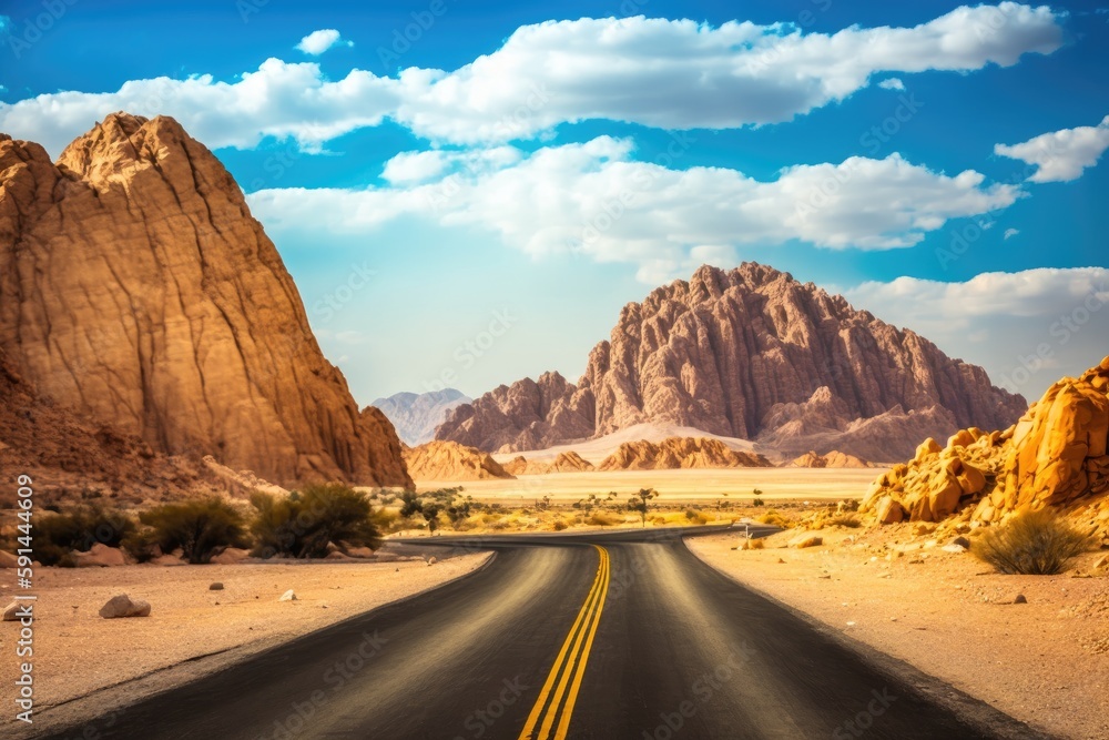 desert road with majestic mountains in the backdrop. Generative AI desert road with majestic mountains in the backdrop. Generative AI