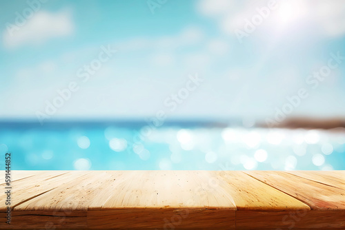Empty wooden table on blurred sparkling blue sea background for product placement. Generative ai.
