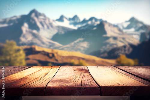 Empty wooden table and blurred landscape for product placement. Generative ai.