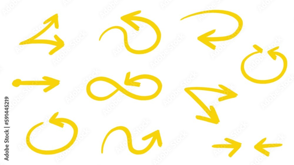 Arrows set version 2 animated hand drawn yellow on white. Slow animation. Arrow cartoon irregular shape. Good for any video material. Motion graphic explainer. Arrows set version 2 animated hand drawn yellow on white. Slow animation. Arrow cartoon irregular shape. Good for any video material. Motion graphic explainer.