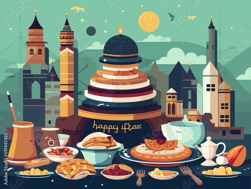 Iftar Fastenbrechen Illustration Vektor mit Moschee und Essen
