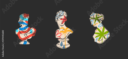 Hand drawn vector abstract outline,graphic,contemporary greek ancient sculpture statue column line modern drawing.Antique classic architecture statue in trendy graffity style,outline design concept.