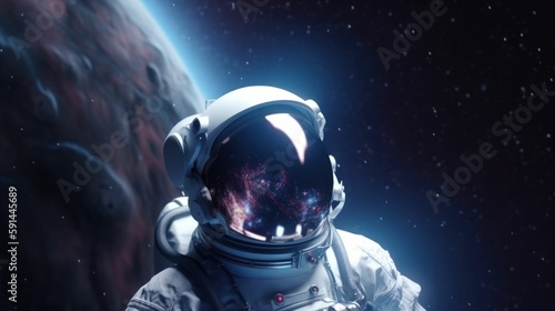 Illustration of a futuristic astronaut in a spacesuit floating in space. Generative AI.