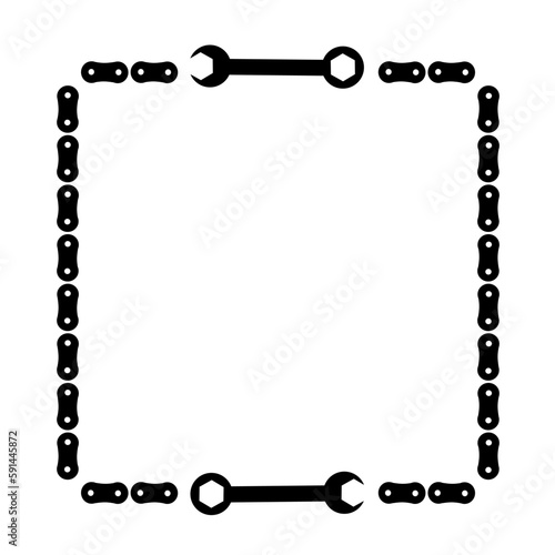 Rectangle border made of bicycle chain and tools and chain rings