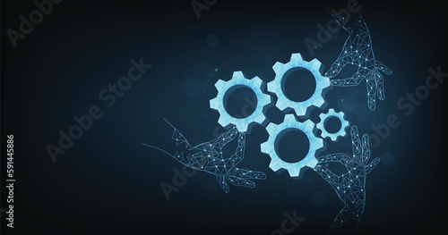 Teamwork and cooperation concept. Strategy for success. Gear digital technology in hand on dark blue background. puzzle connect achievement low poly wireframe.	