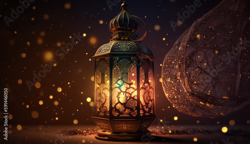 Traditional Arab holiday of Ramadan Kareem. Muslim holy month. Golden Arab lantern with burning candle and star on dark night background. Generative AI.