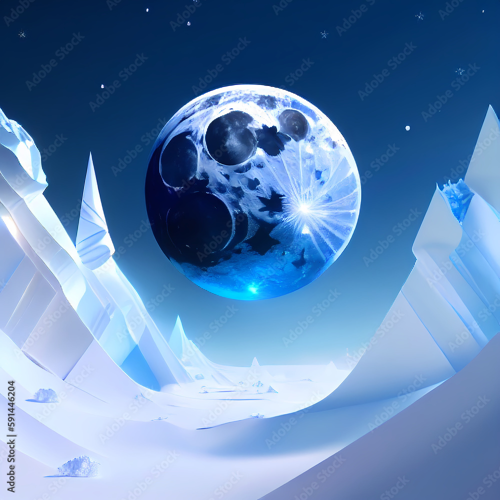 blue moon wiht a snowy landscape, Generative AI