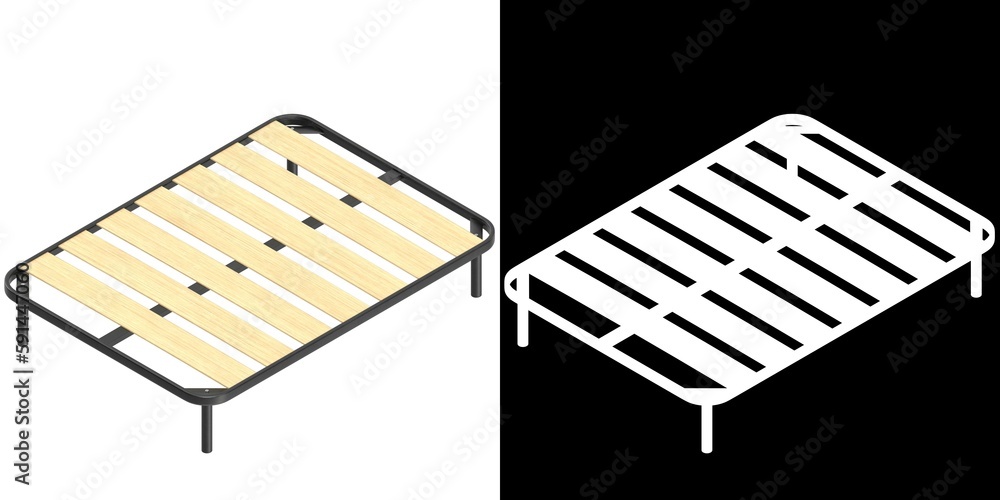 3D rendering illustration of a full size bed frame with large slats 3D rendering illustration of a full size bed frame with large slats