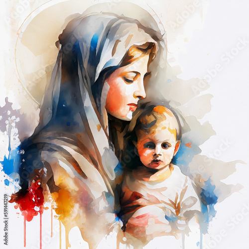 Vászonkép Watercolor maria and jesus on white background. Generative ai.