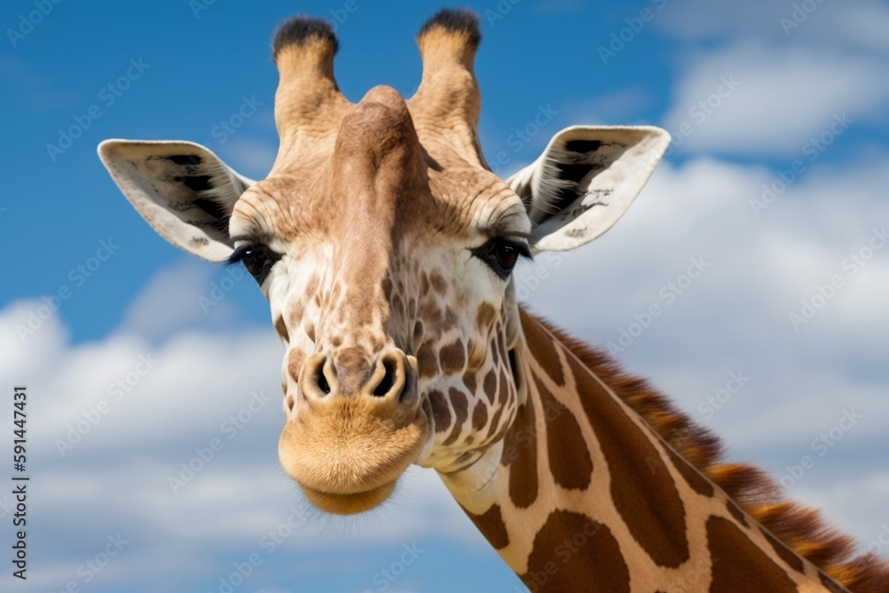 Beautiful Giraffe Head in Focus Against Blue Sky. Generative AI