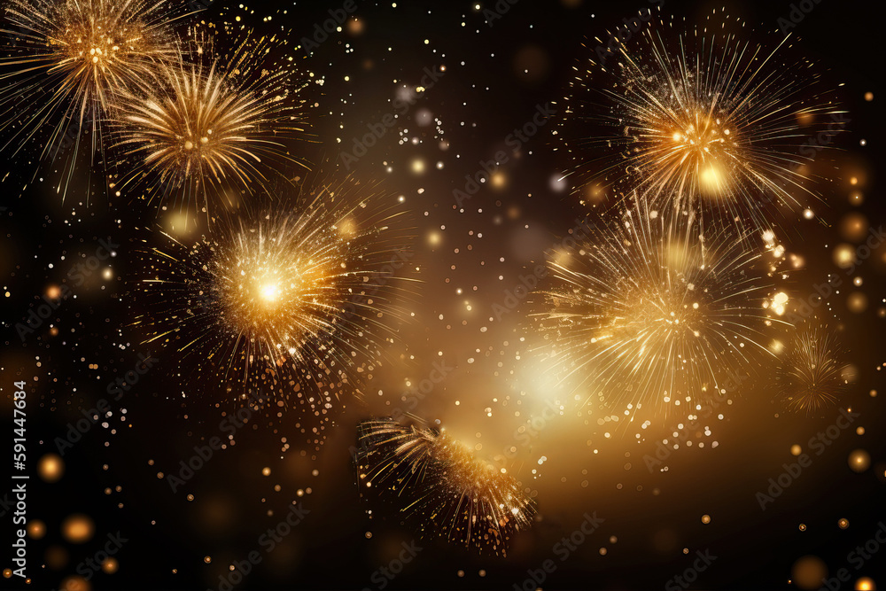 Naklejka premium black background with fireworks, confetti and gold bokeh, generative AI.