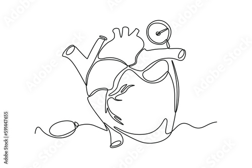 Single one line drawing heart and sphygmomanometer. World hypertension day concept. Continuous line draw design graphic vector illustration.