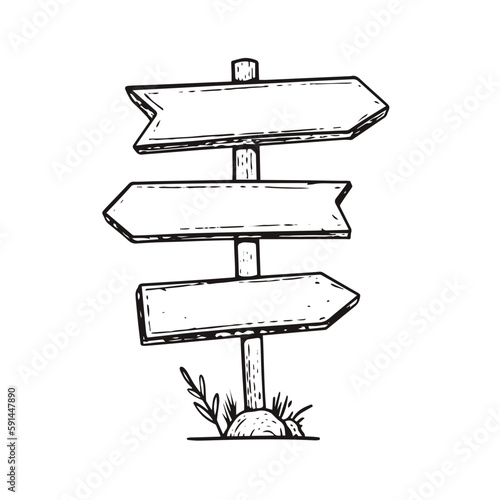 Wooden signs arrows in pole hand drawn sketch style black color.
