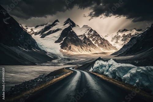 winding road passing through majestic mountain scenery. Generative AI