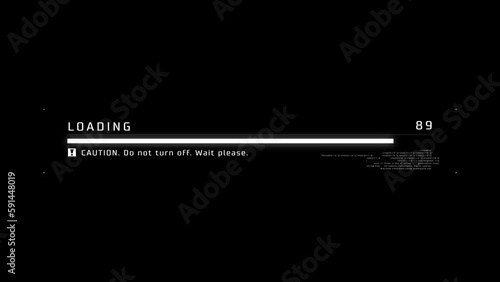 Cyberpunk style loading bar animation with glitches, digital distortions, and system failures. Loading bar animation with noise and artifacts. Glitched cyberpunk downloading process.