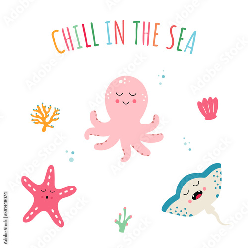 Flat cartoon illustration of the sea world, octopus, fish stingray, starfish, corals, shells and text. Kawaii eyes