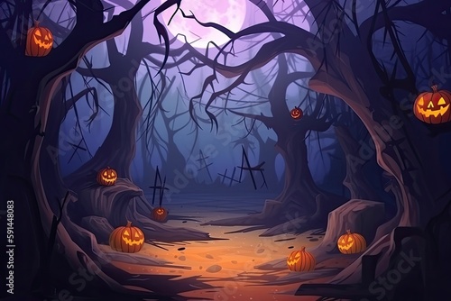 Halloween background Spooky forest with dead trees and pumpkins 