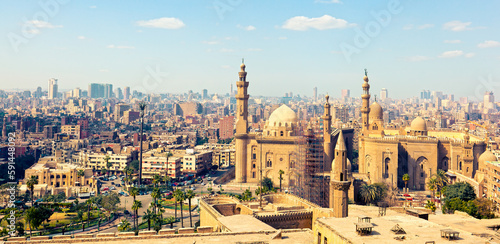 Beautiful view of Cairo from the walls of Citadel, Mosque of Sultan Hasan and Al-Rifa'i Mosque. Egypt