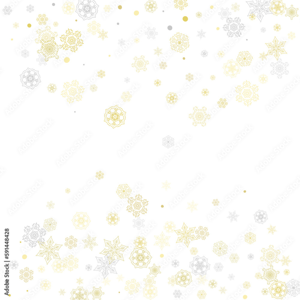Gold snowflakes frame on white background. New year theme. Stylish shiny Christmas frame for holiday banner, card, sales, special offers. Falling snow with gold snowflakes and glitter for party invite Gold snowflakes frame on white background. New year theme. Stylish shiny Christmas frame for holiday banner, card, sales, special offers. Falling snow with gold snowflakes and glitter for party invite