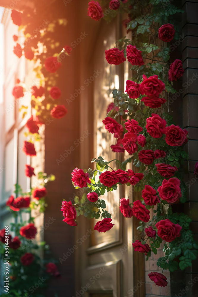 Beautiful red roses on the window of a house in Paris, France. Generative AI