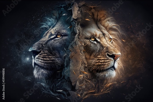 two majestic lions in a fierce confrontation against a dark background. Generative AI