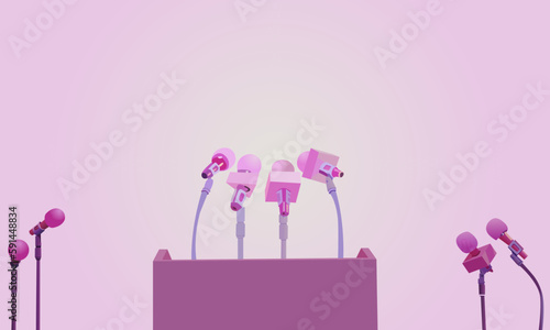 vector illustration in pink tones depicting a podium for performances and numerous microphones for prints on banners and for decorating interiors of stages and studios