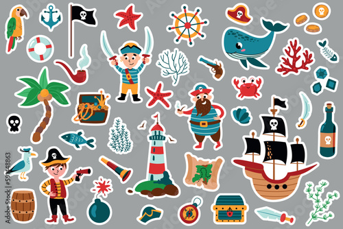 Pirate sticker set. Pirate party sticker for Kindergarten. Adventure, treasure, pirates, whale, ship, treasure chest, rum bottle. 