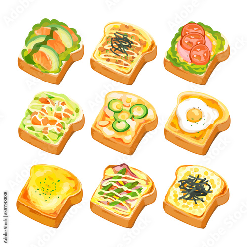 Set of watercolor sweet and savory toast vector illustration