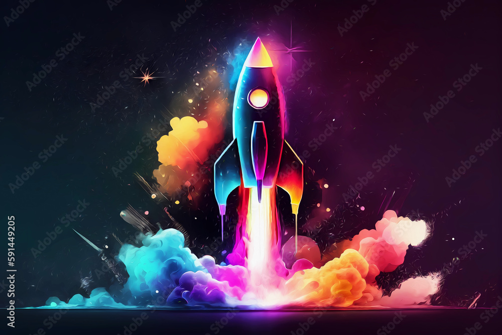 Watercolor rocket taking off colorful background. Generative ai.