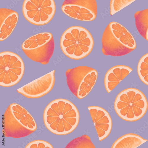 Citrus fruit seamless pattern. Colorful vivid print with juicy lemon slices. Repeated luxury design for packaging, cosmetic, menu, cafe, textile. Realistic detailed illustration.