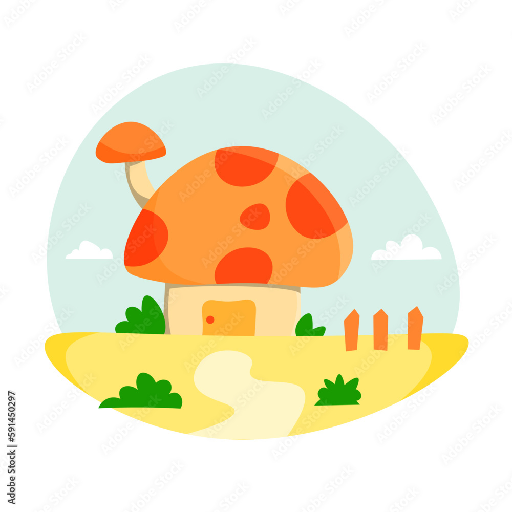 Mushroom house illustration with blue sky background