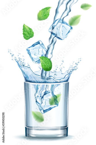 Transparent realistic vector glass of water with ice cubes, mint and water jet steam on light background 